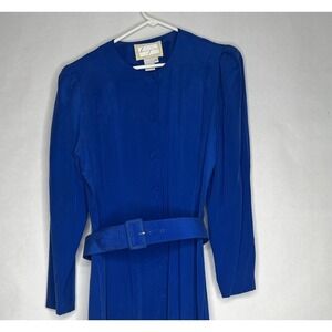 Spenser Jeremy 100% Silk Belted Dress Long Sleeve Maci Royal Blue Size 10 Button
